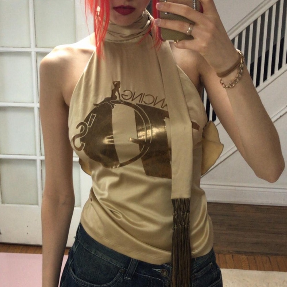 Dolce & gabbana fall 2004 satin gold halter top w fringe neck tie